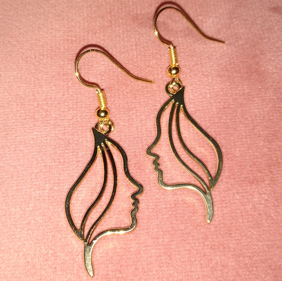 Abstract Woman Face Earrings Artistic Line Art Hair Lady Profile Gold Outline - Picture 1 of 5